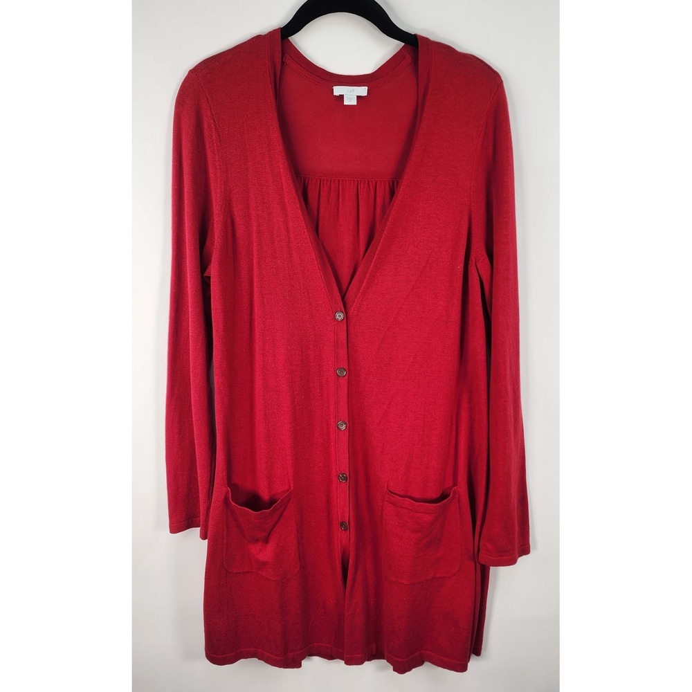 J Jill Cardigan Women's M Sweater Red V Neck Long Lightweight Pockets Button Up
